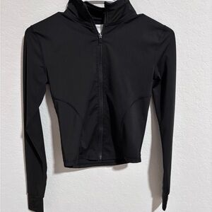 Black tight fit zip up with thumb holes at sleeves